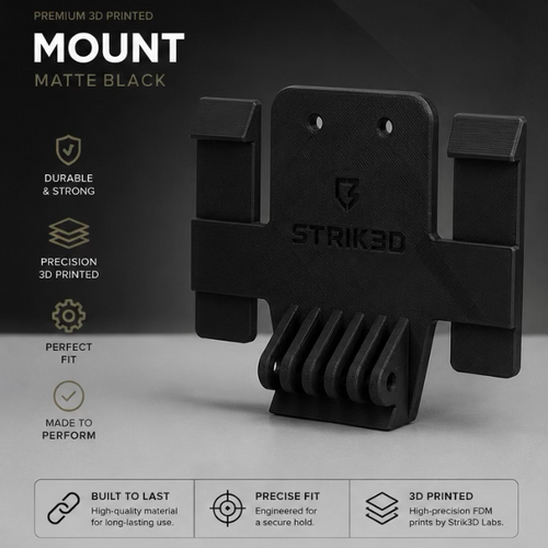 Black 3D-printed mount with Strik3d branding on a dark background