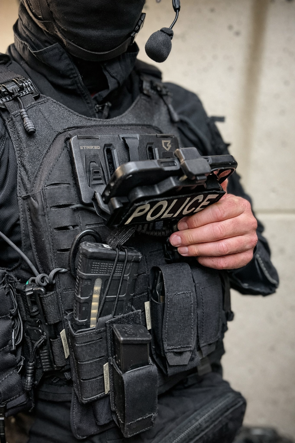 Person in tactical gear holding a police radio