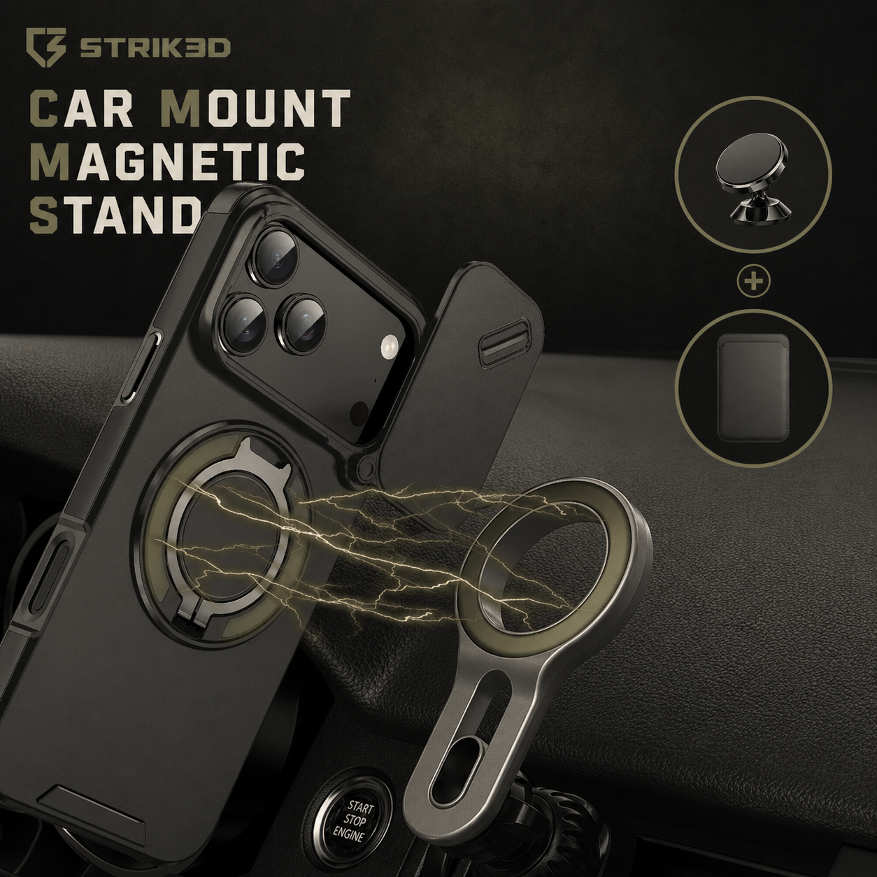 Car mount magnetic stand with phone holder on a dark background, featuring the Strik3d brand.