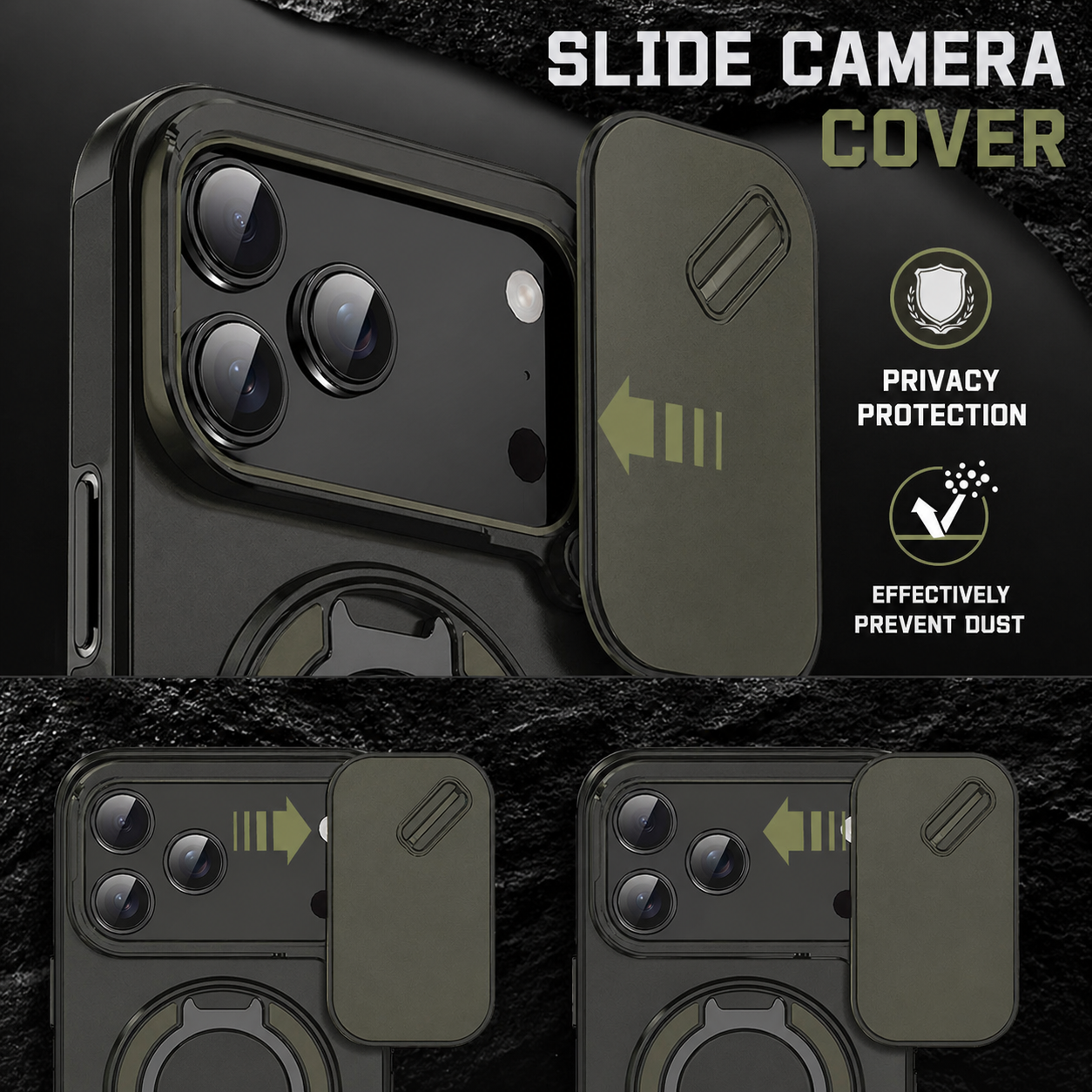 Slide camera cover for phone with privacy protection and dust prevention features on a dark background.