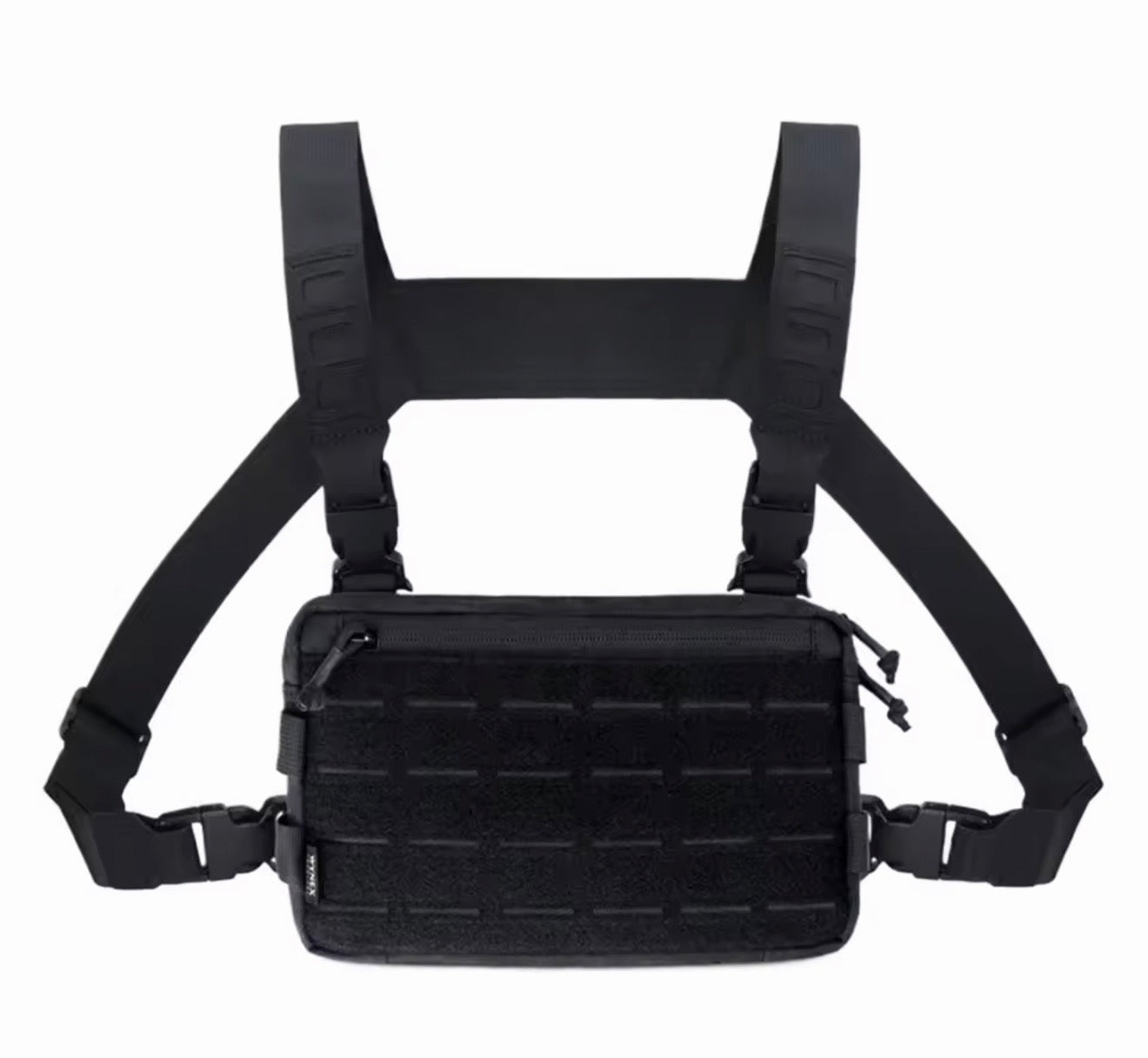 Black tactical chest harness with pouch on a white background