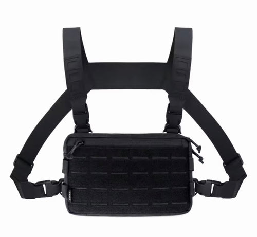 Black tactical chest harness with pouch on a white background