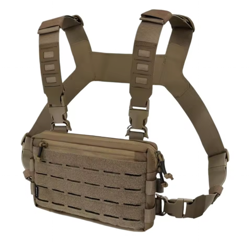 Brown tactical vest with multiple straps on a white background