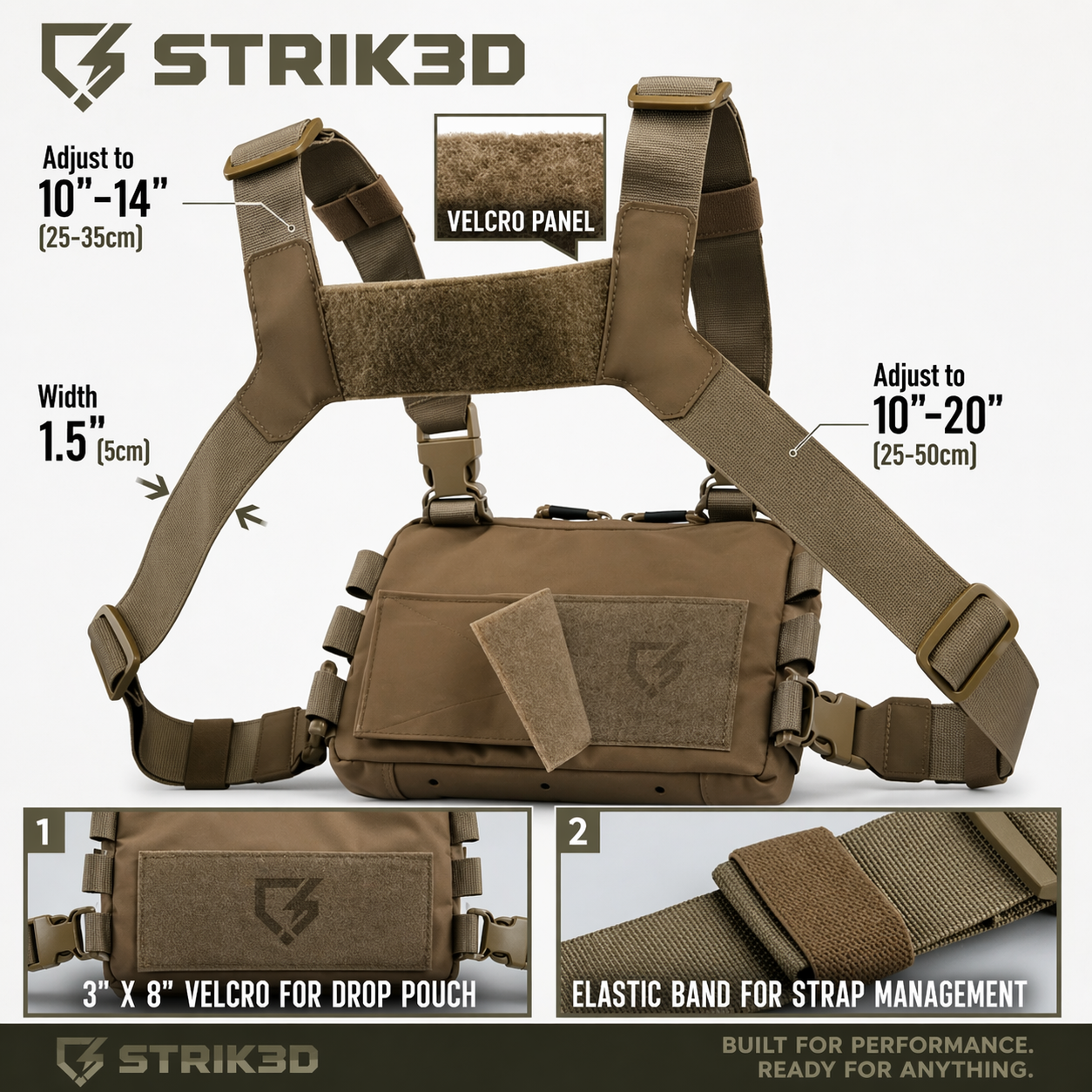 Tactical vest with adjustable straps and Velcro panel, featuring Strik3D branding.
