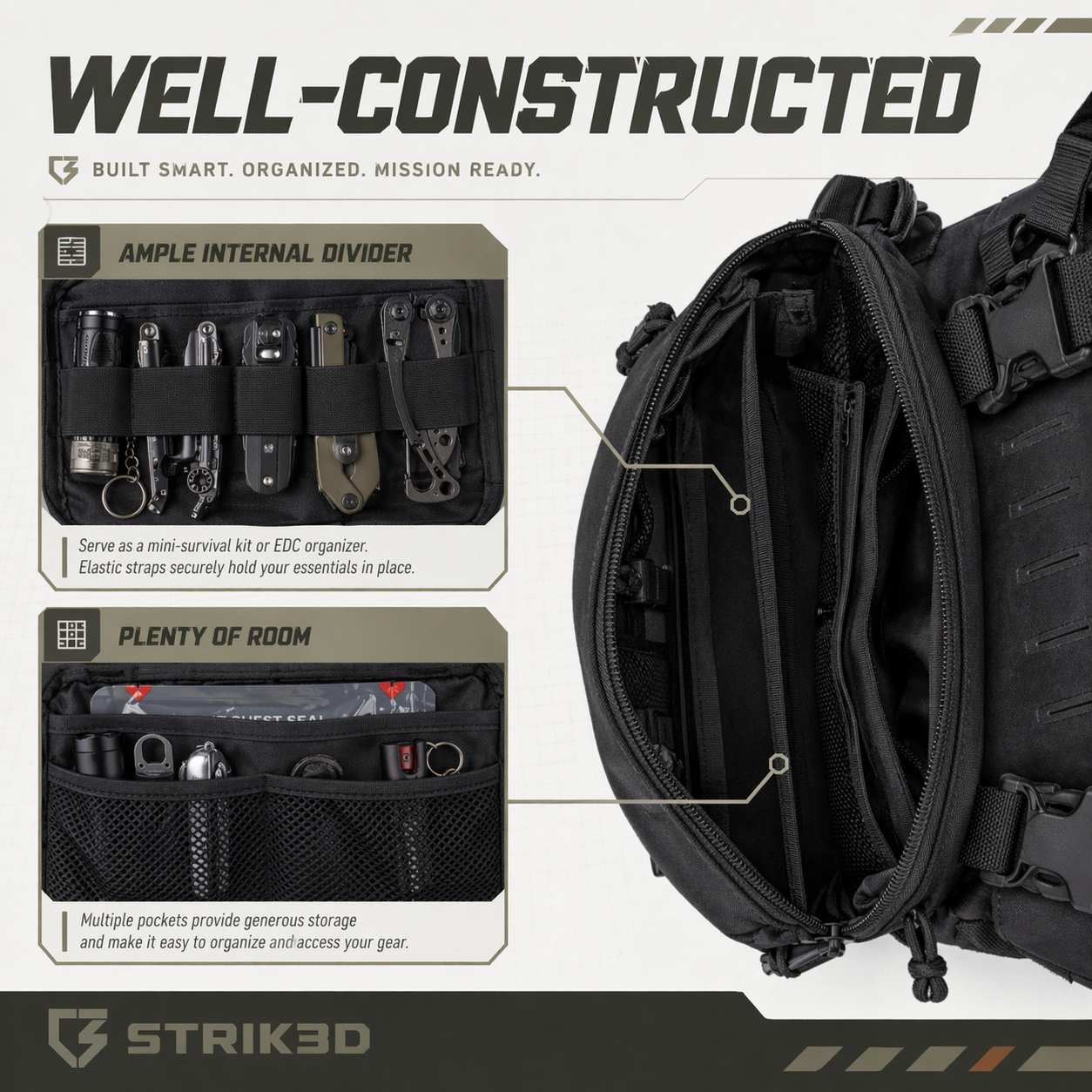 Tactical backpack with organized compartments and Strik3d branding