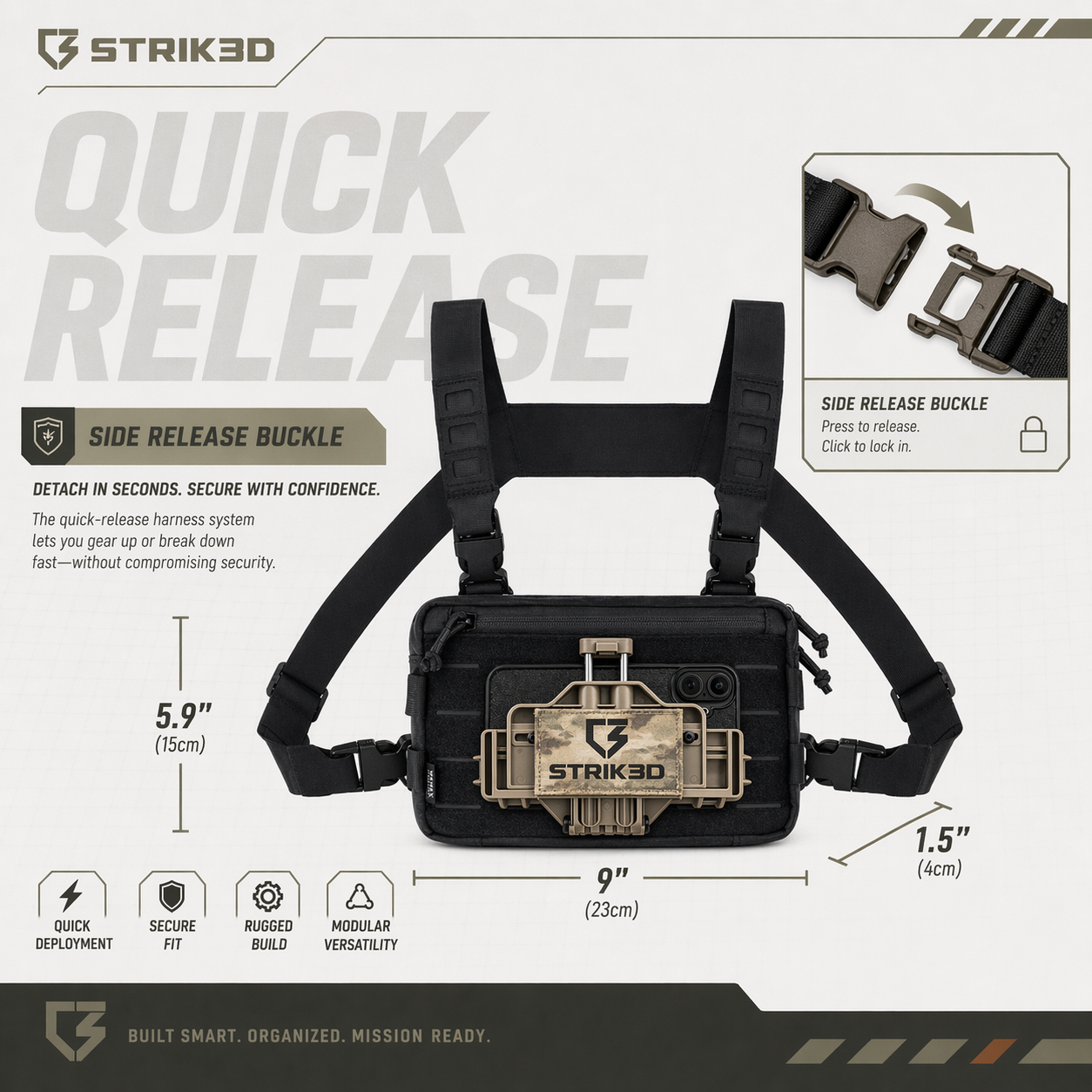 Strik3d tactical harness with quick release feature on a white background