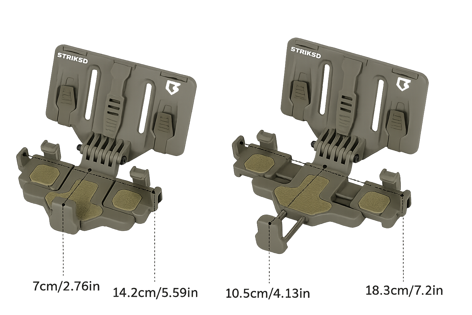 Two gray tactical tools with measurements on a white background