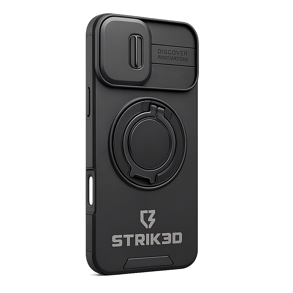 Black phone case with ring holder and Strik3D branding on a white background