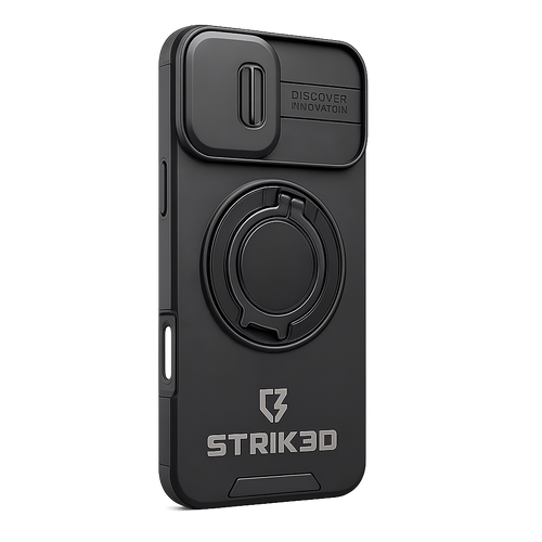 Black phone case with ring holder and Strik3D branding on a white background