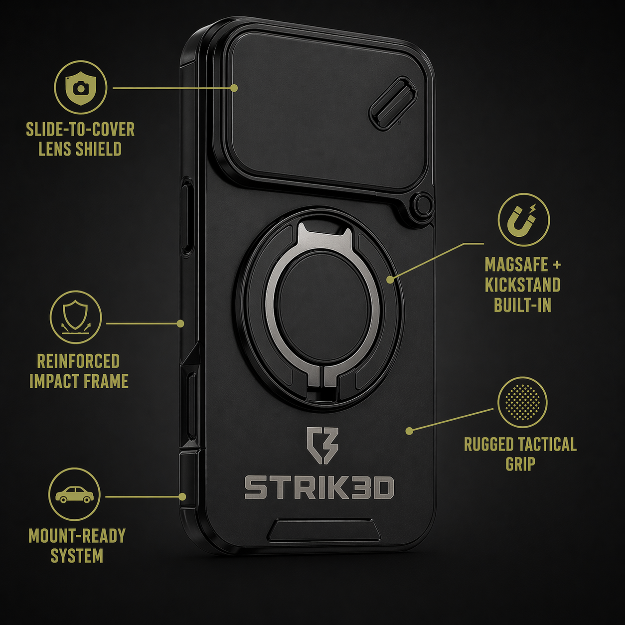 Black phone case with features labeled on a black background, featuring the Strik3d brand.
