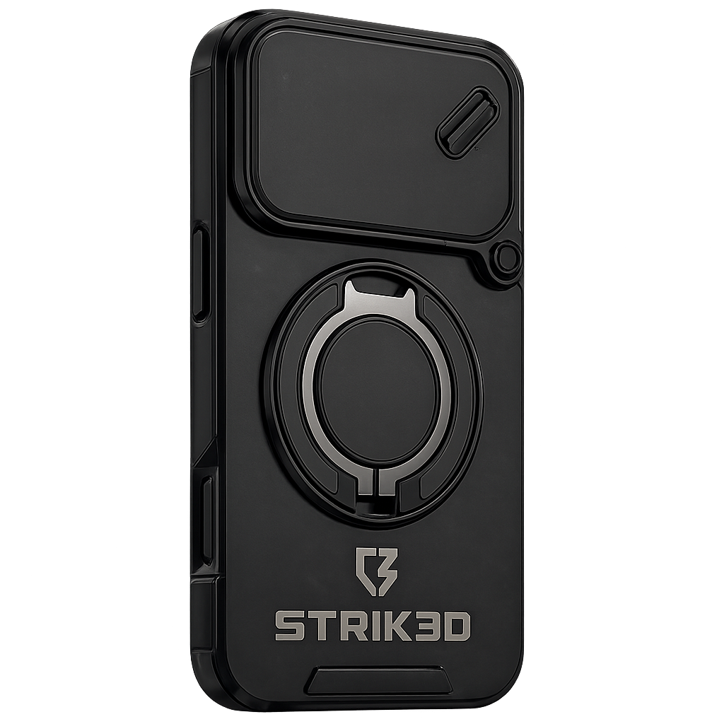 Black phone case with ring holder and Strik3D branding on a white background