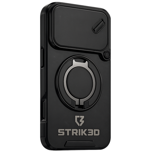 Black phone case with ring holder and Strik3D branding on a white background