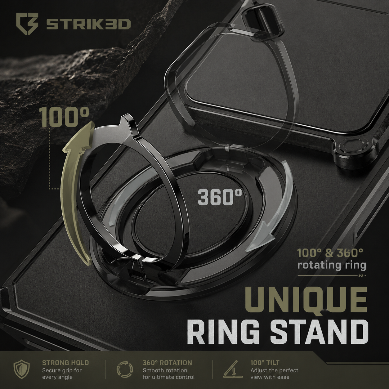 Black ring stand with 360-degree rotation on a dark background, featuring Strik3D branding.