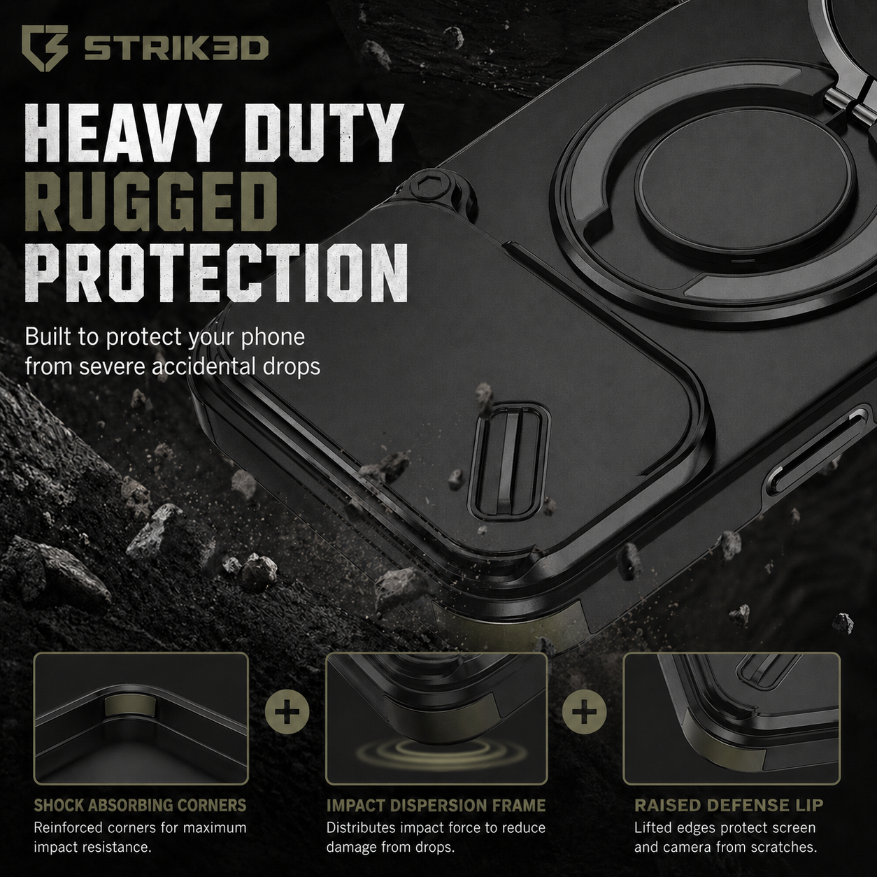 Heavy-duty rugged phone case with STRIK3D branding and features highlighted on a dark background.