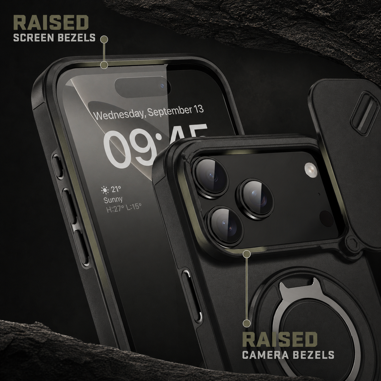Black phone case with raised screen and camera bezels on a dark background