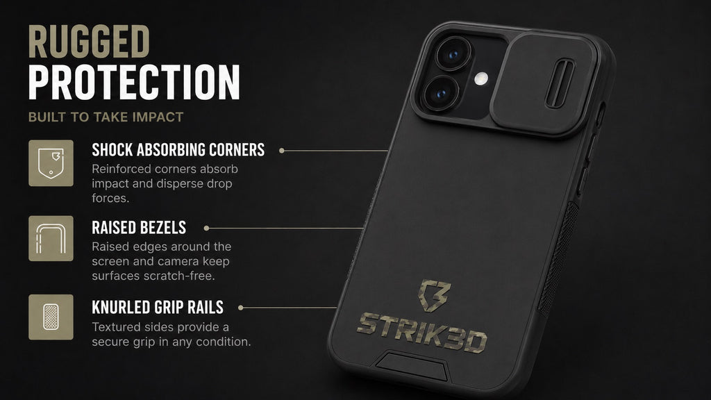 Rugged Tactical Phone Case – Slide Camera Cover & Drop Protection for iPhone