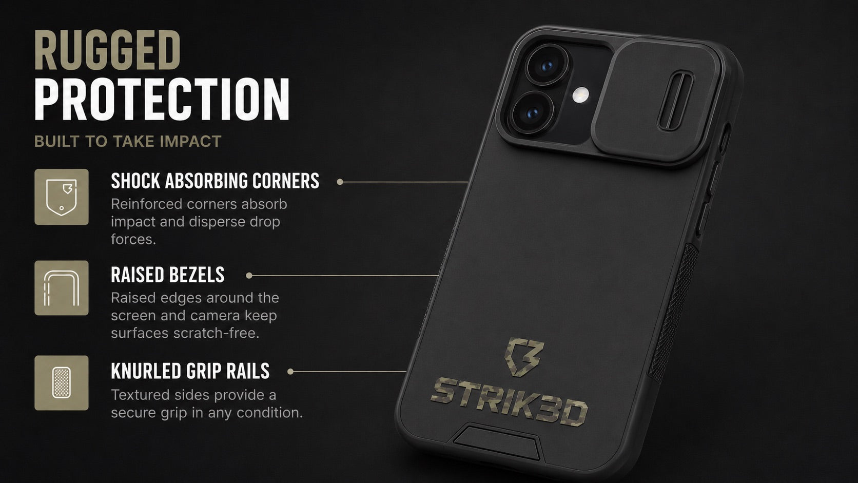 Rugged Tactical Phone Case – Slide Camera Cover & Drop Protection for iPhone
